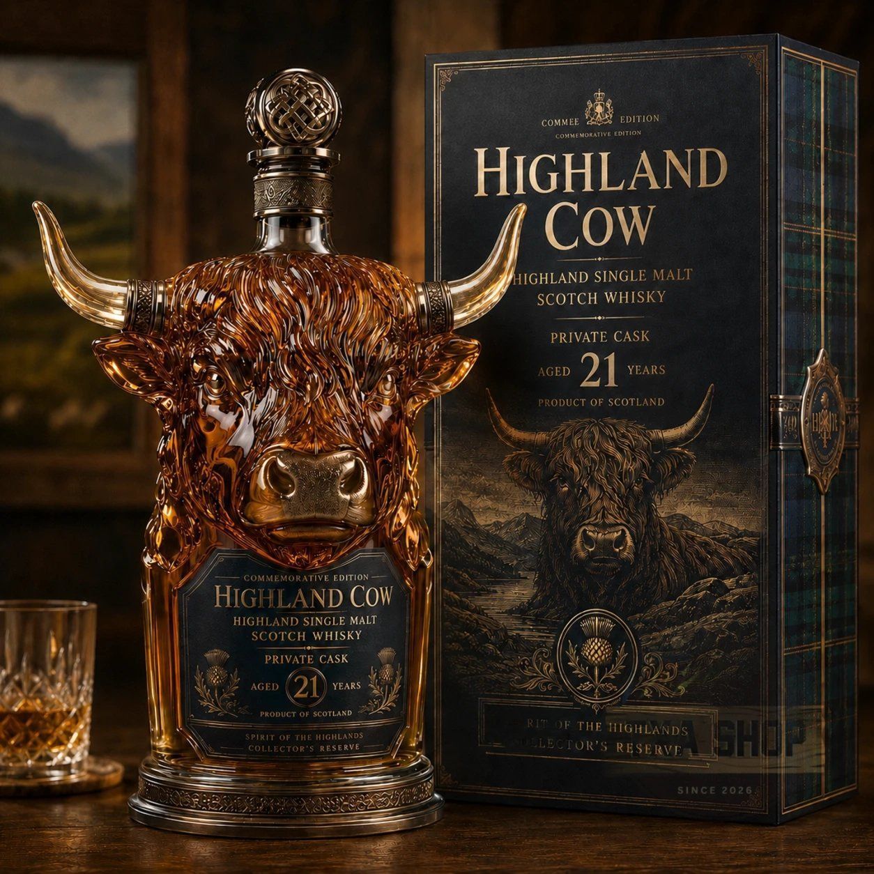 Highland Cow Private Cask 21 Years Cow Head Shaped Scotch Whisky Bottle